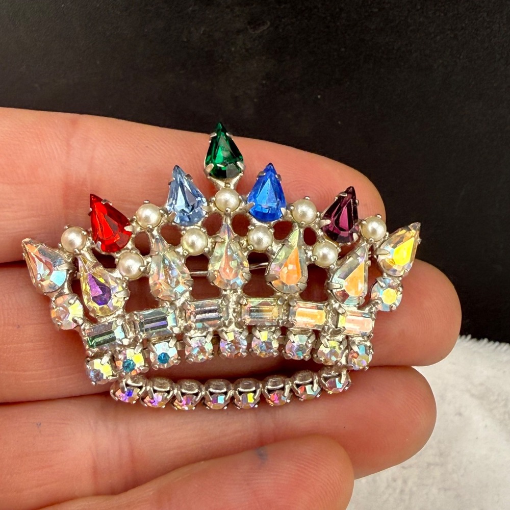Vintage B. David Rhinestone Crown Brooch Silver Tone